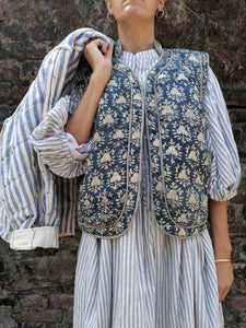 Quilted Reversible Vest, Indigo Block Print