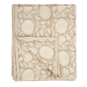 Stripe Trim Block-Print Tablecloth, Sand