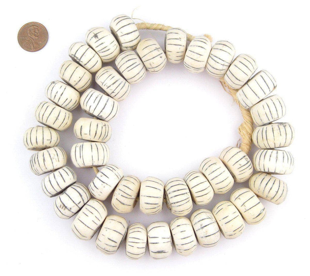Large Carved Bone Beads, Lined White